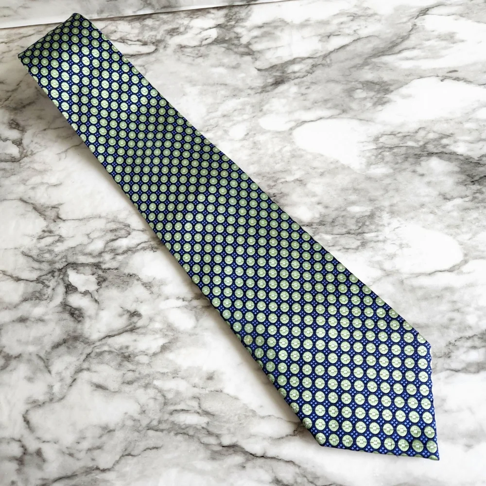 100% Silk Hand Made Mens Necktie, Green & Blue Pattern